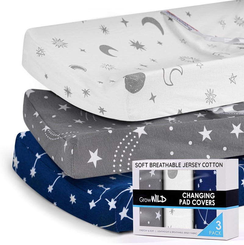 GrowWILD GROW WILD Changing Pad Cover 3 Pack | Soft & Stretchy Jersey Cotton | Baby Changing Table Pad Cover | Diaper Changing Pad Covers for Girls and Boys (Stars, Moon & Constellation) - Image 1